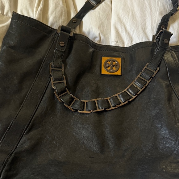 Tory Burch Black Leather Tote with Logo Accent - Picture 3 of 11